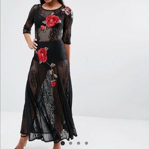Boohoo Lace Maxi Dress with Floral Embroidery